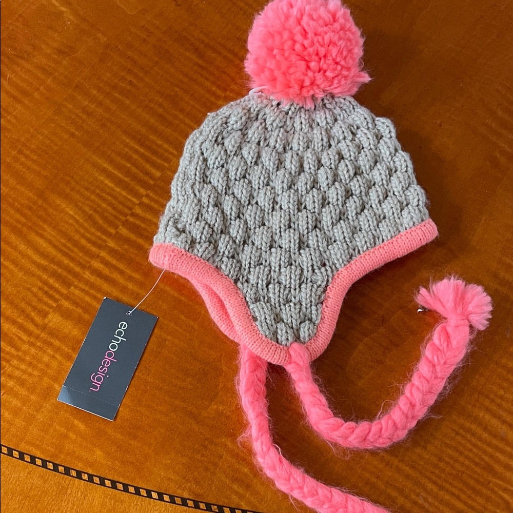 NWT   Gray and Pink Knit Pom-Pom Hat by echo